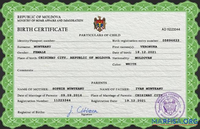 Realistic Moldova vital record birth certificate PSD template